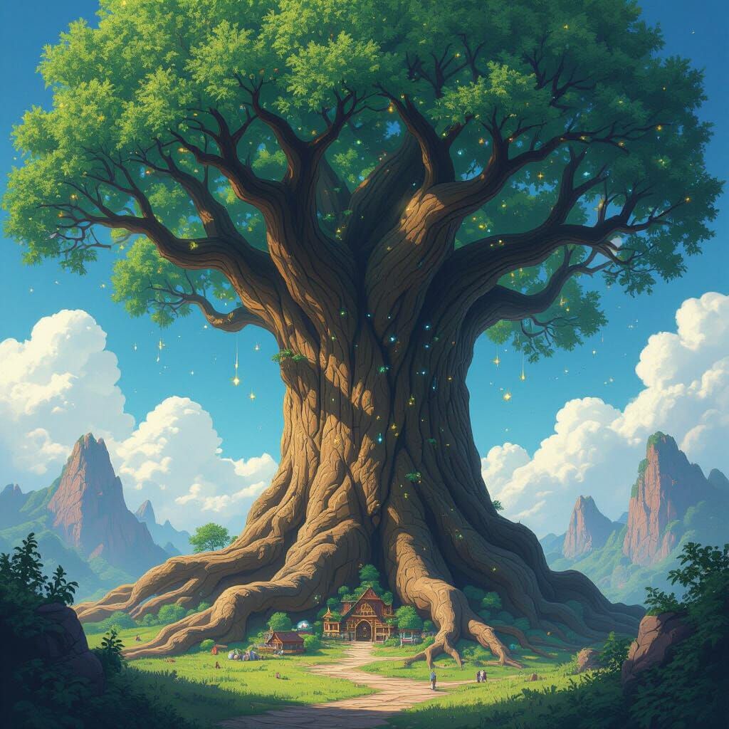 Colossal Ancient Tree Reaching Clouds with Celestial Orbs
