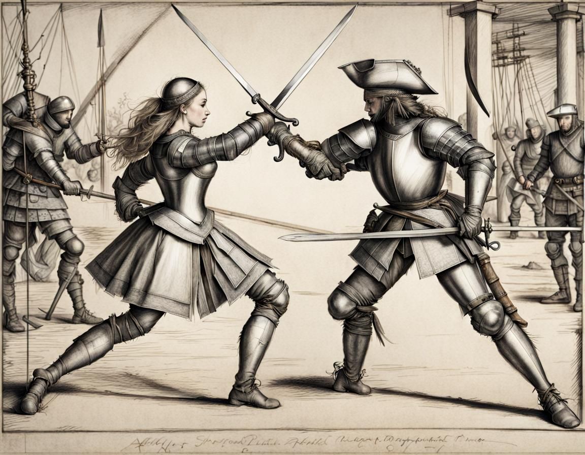 Armored Woman Sparring with Pirate: Charcoal Drawing