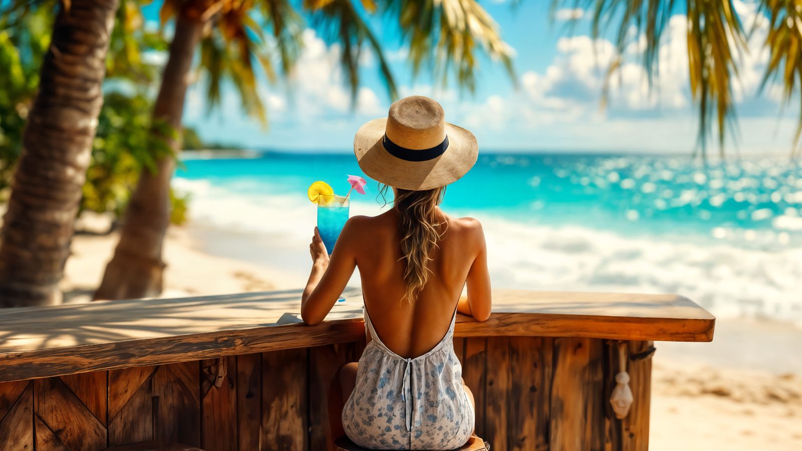 Woman Enjoying Cocktail at Caribbean Beach Bar