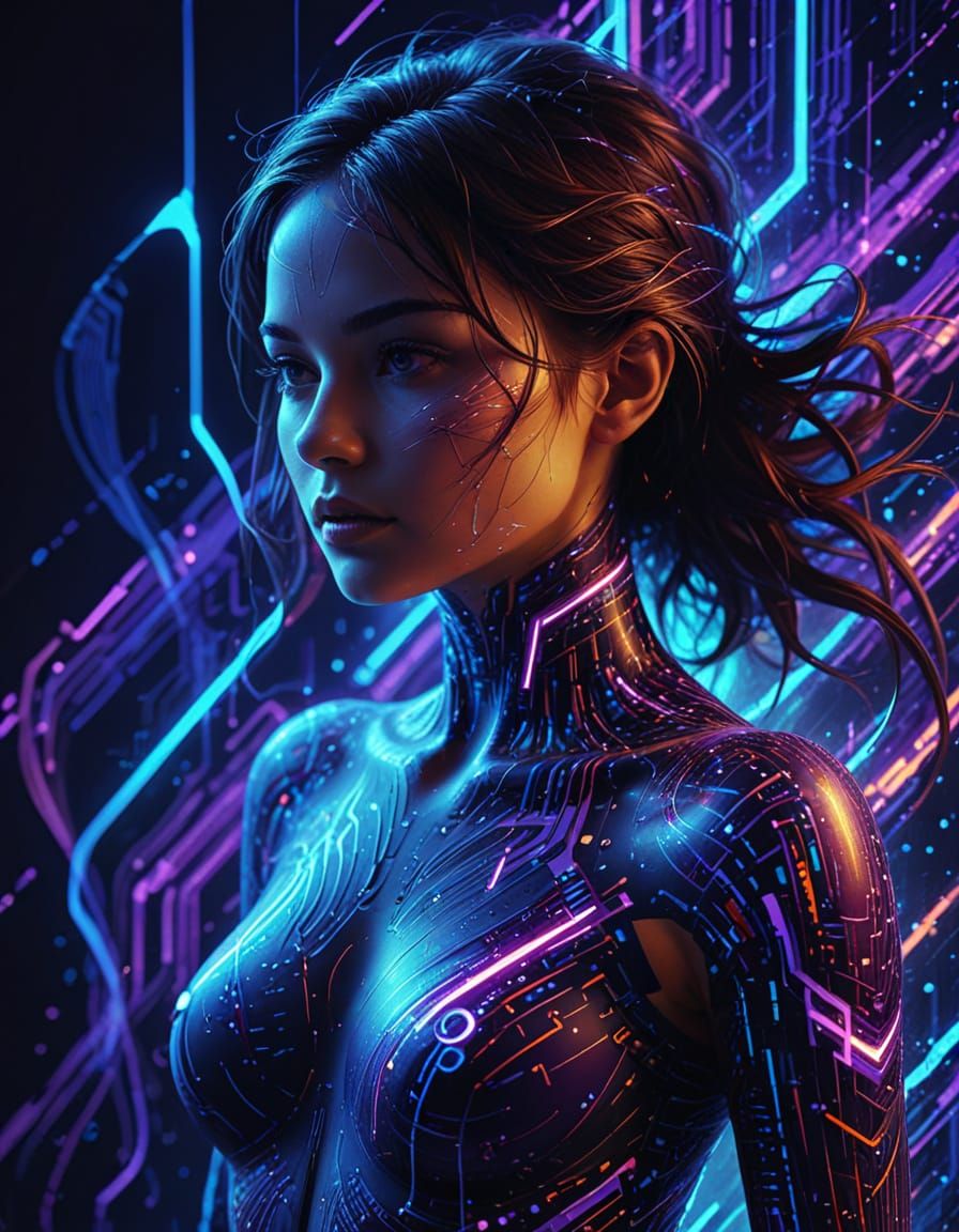 Woman Formed by Computer Code in Neon Digital Art Style
