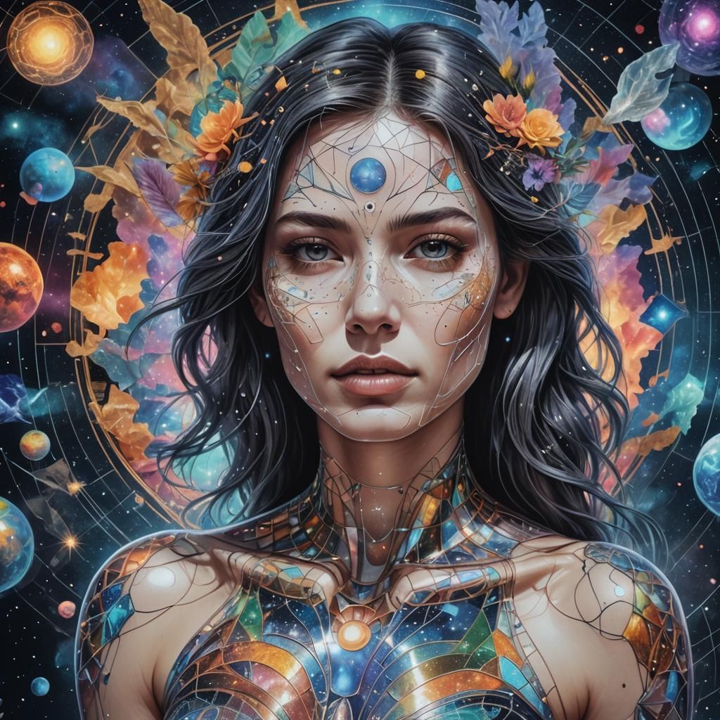 Hyperrealistic Woman with Astral Cosmic Sketches