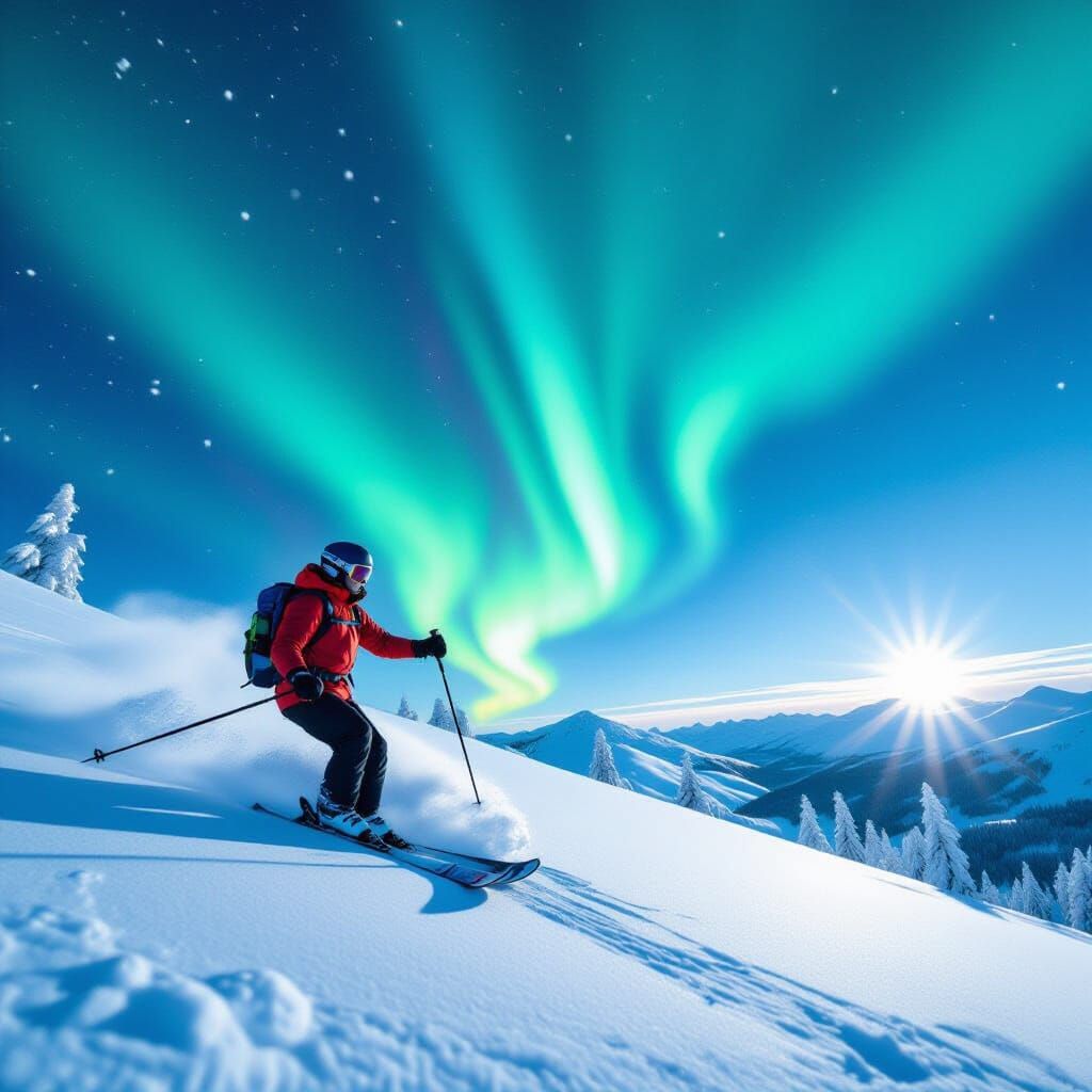 Man Skiing Under Vibrant Aurora Borealis