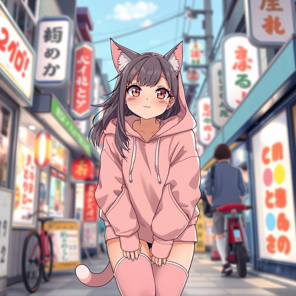 Anime Cat Girl in Japanese Street Scene