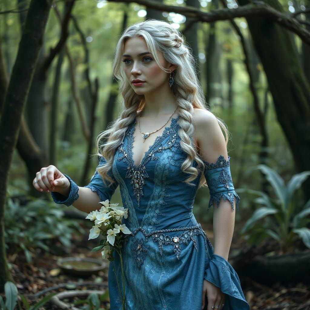 Elven Queen in Ancient Forest, Hyperrealistic Fantasy