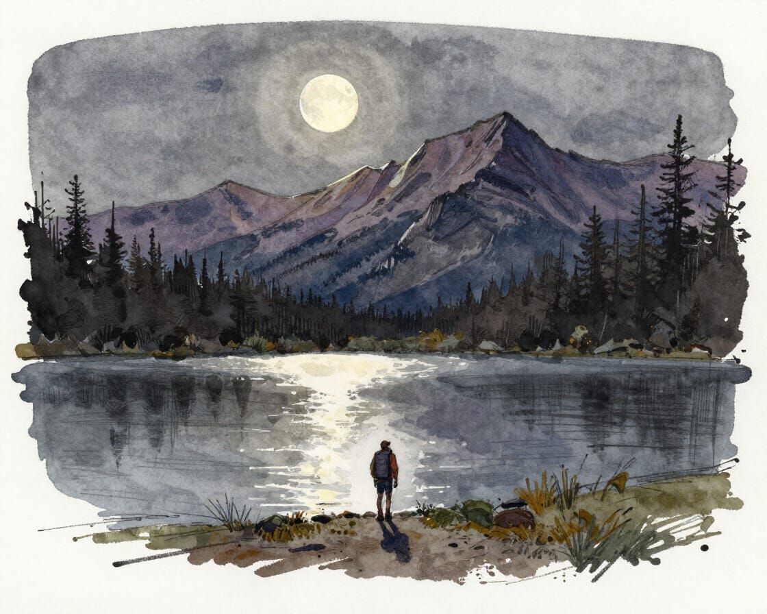 Moonlit Mountain Sketch with Lone Hiker and Lake Reflections