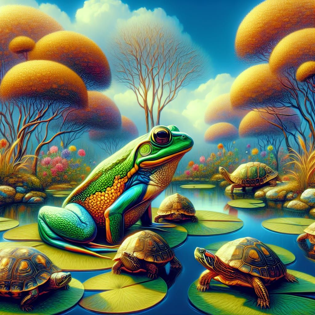 Vibrant Pond Scene with Frog, Turtles, and Tortoises