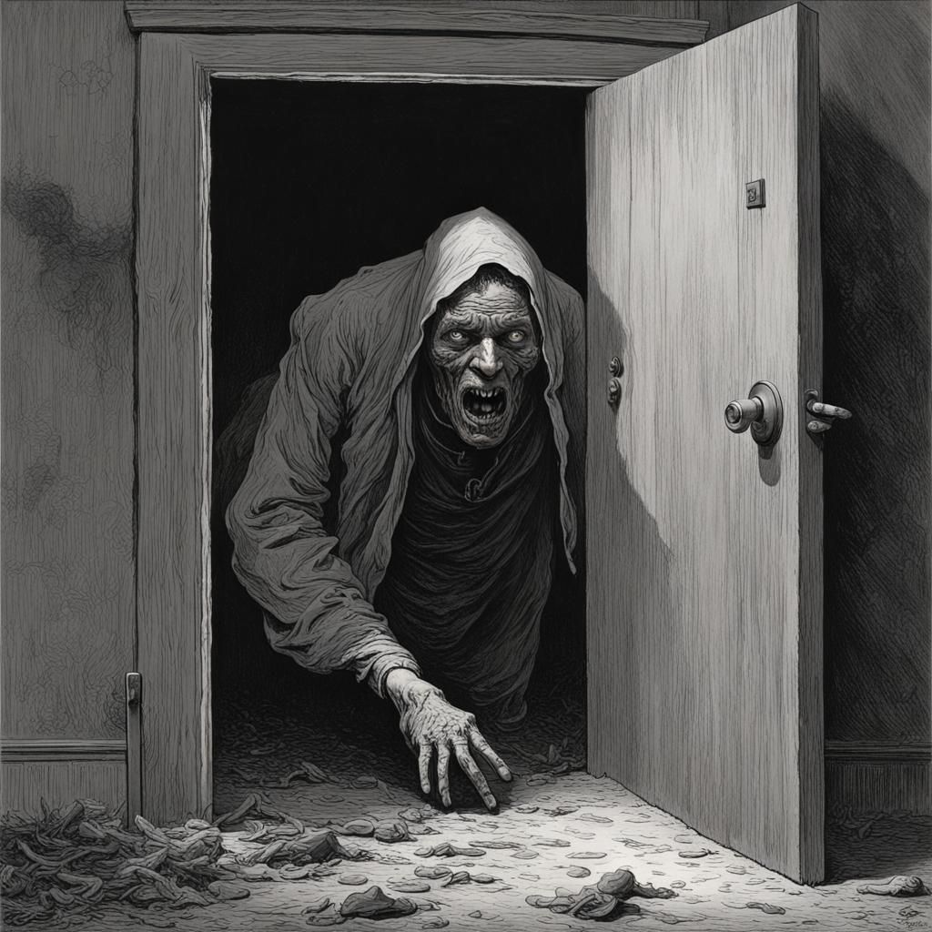 Grotesque Biomass Crawling From Dark Doorway