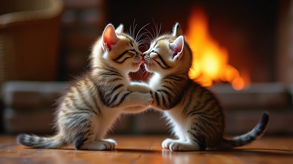 Playful Kittens Wrestling by Fireplace