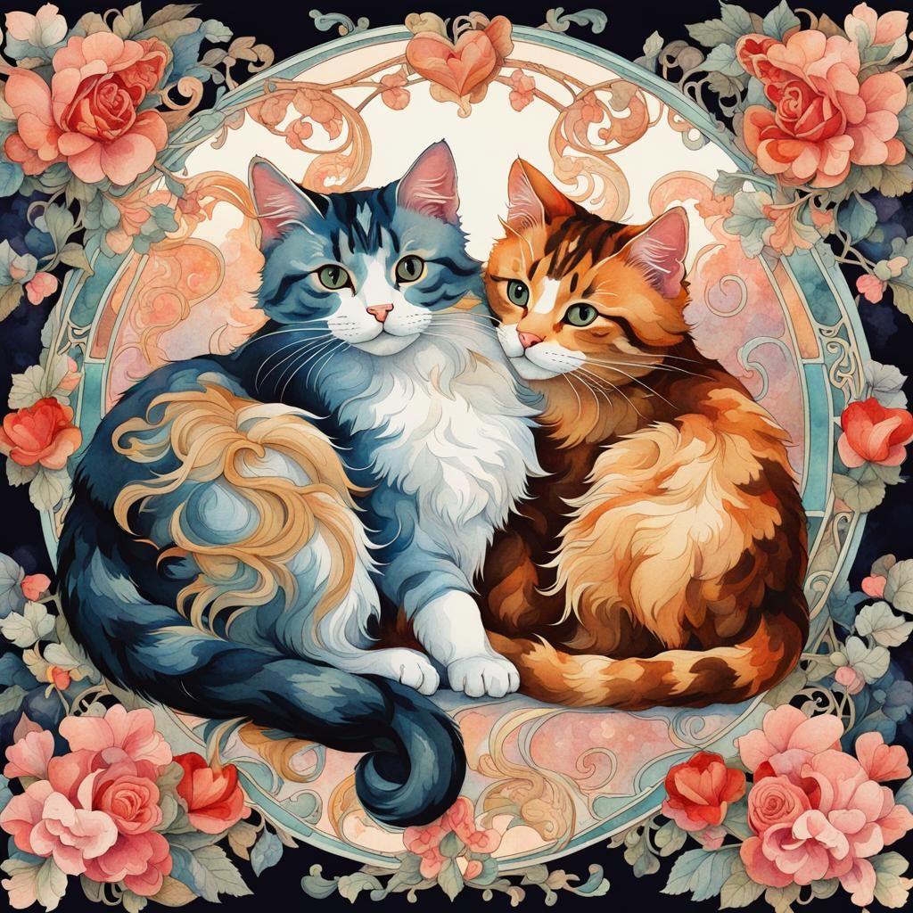 Cats in Love Cuddling in Art Nouveau Style