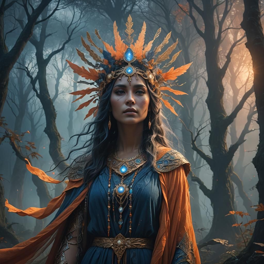 Mystical Woman in Twilight Forest: Fantasy Concept Art