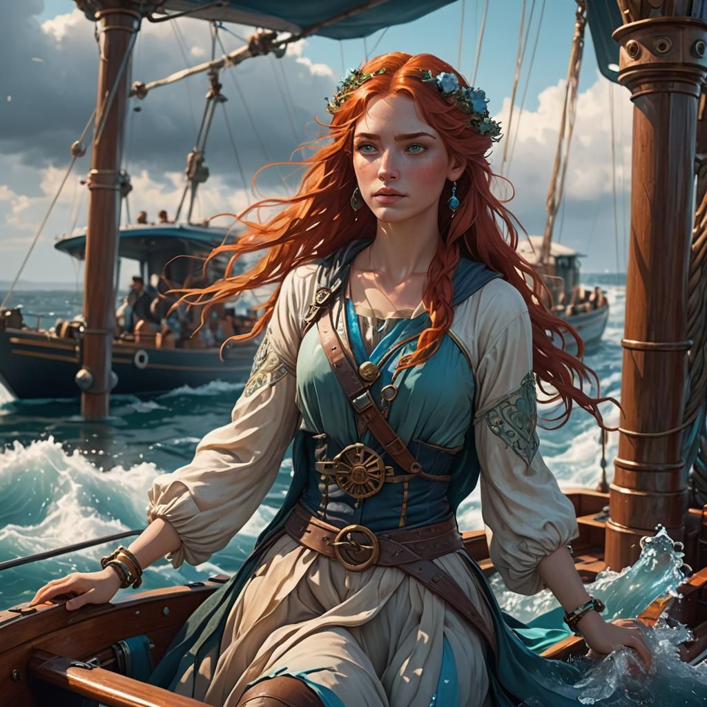 Red-Haired Teen on Ocean Voyage, Hyperdetailed Art