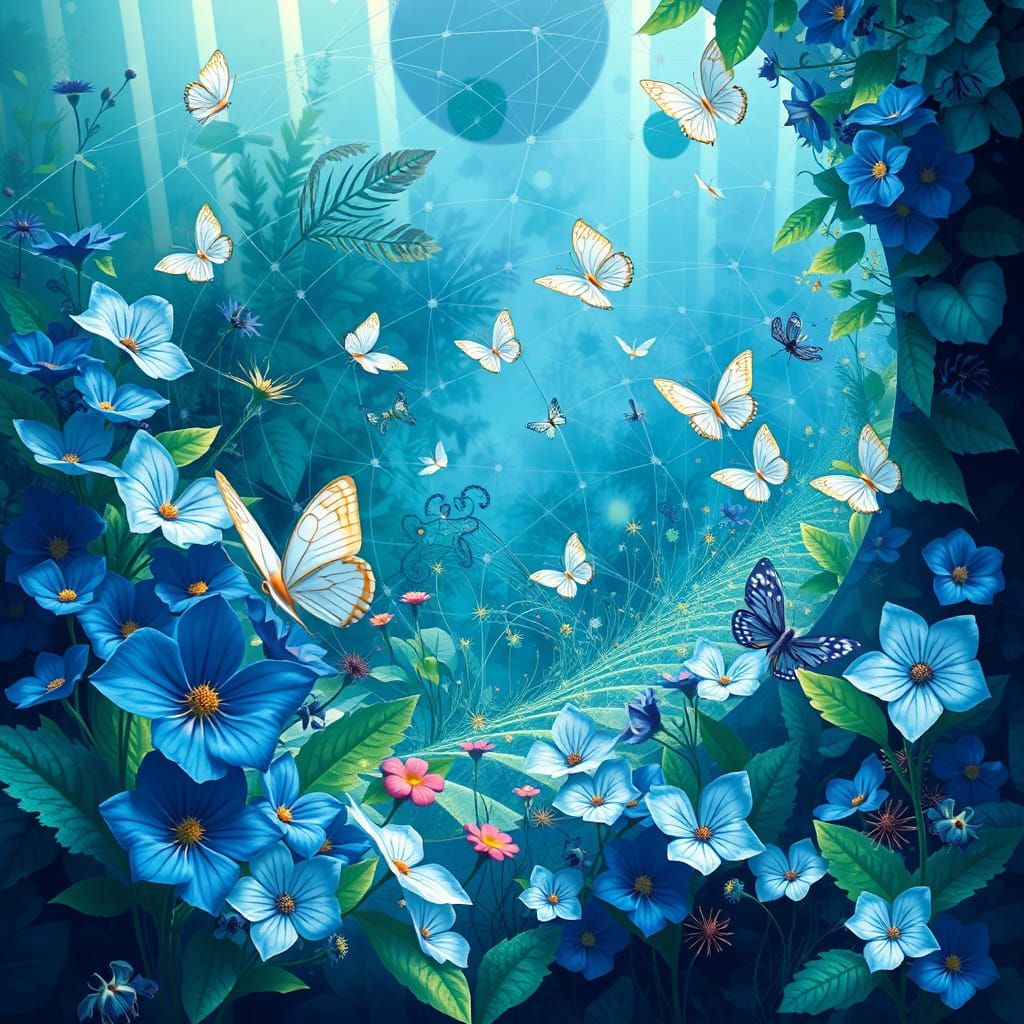 Blue Flowers and Butterflies in Fractal Garden