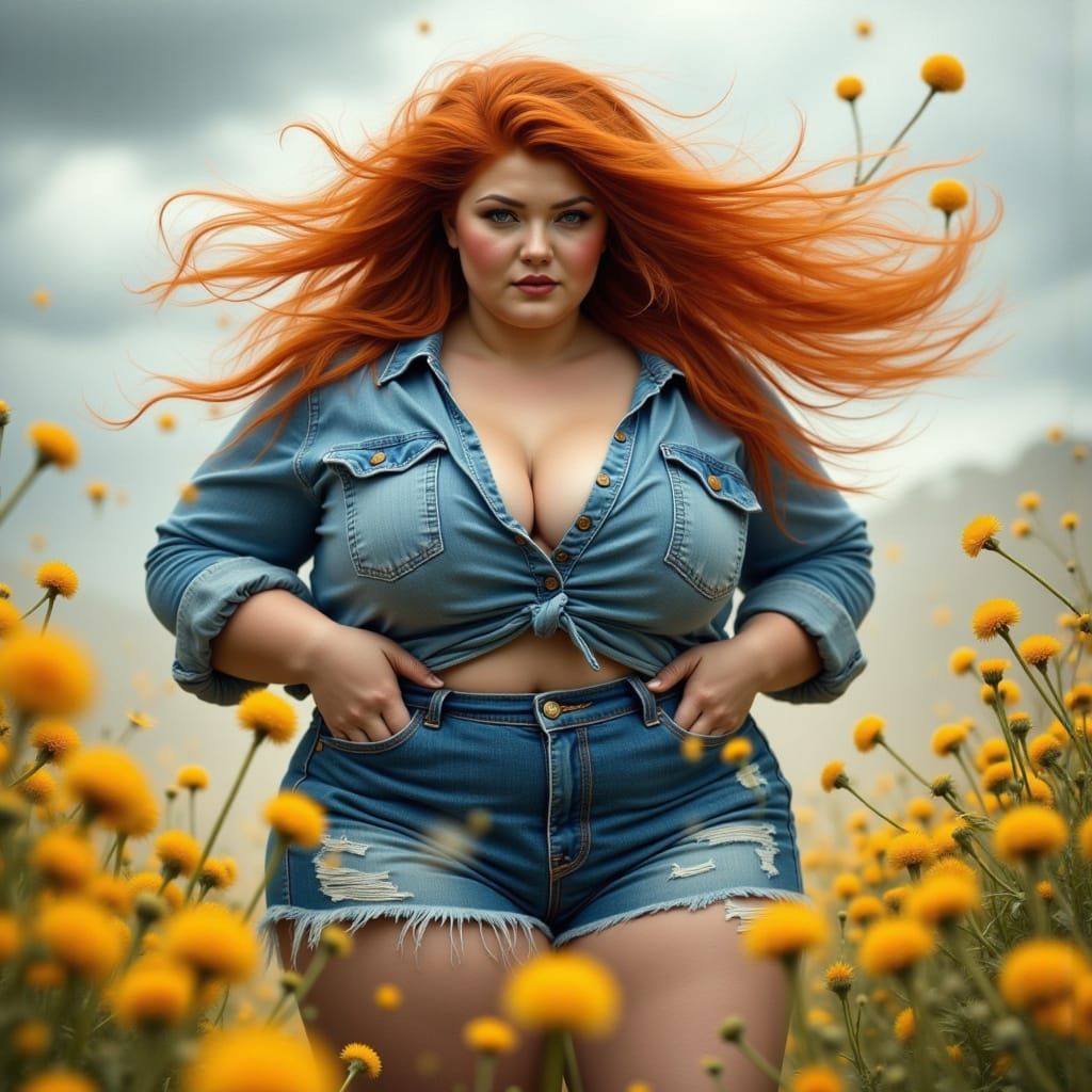 Ethereal Goddess in Blue Denim Amidst Whirlwind of Dandelion...