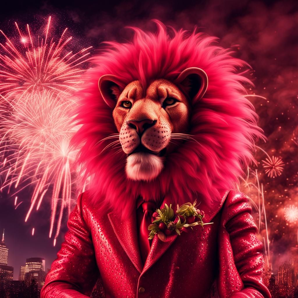 Lion in Strawberry Suit Celebrates New Year's