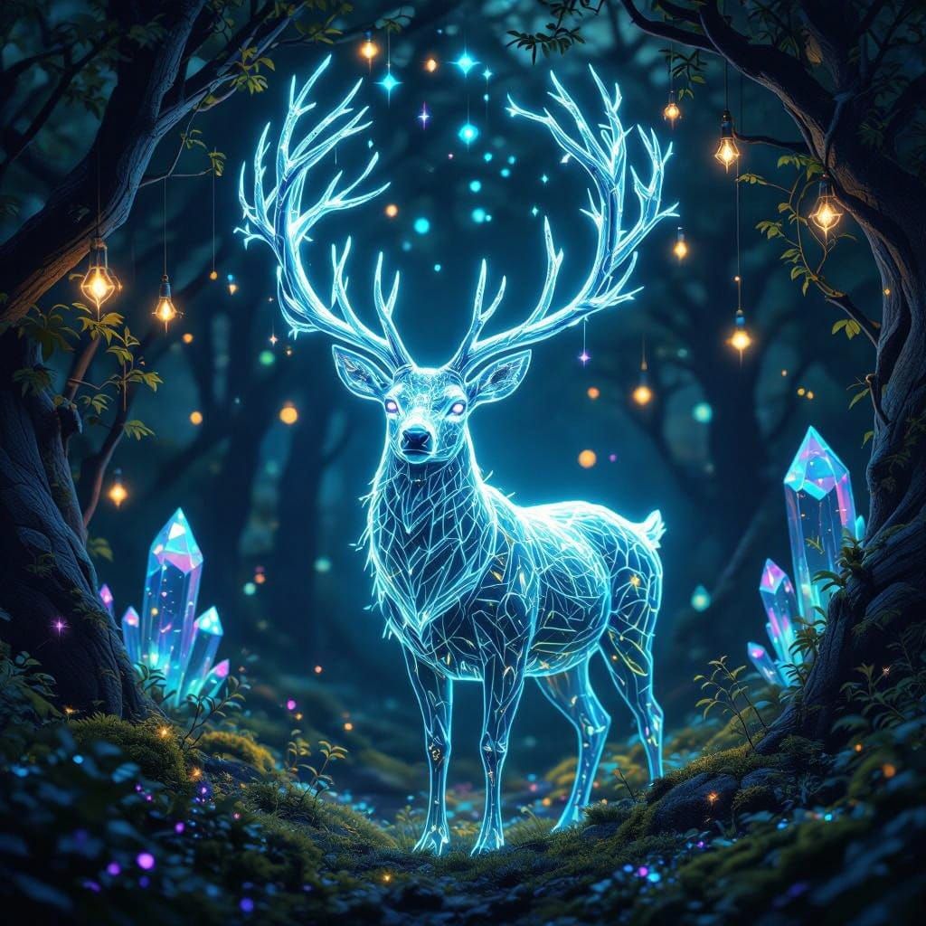 Ethereal Bioluminescent Stag Illuminated by Bio-Engineered L...