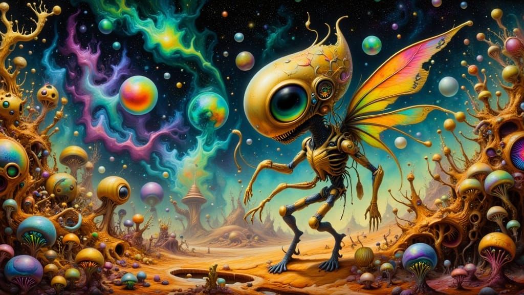 Funky Alien Portrait on Alien Planet in Gold Foil