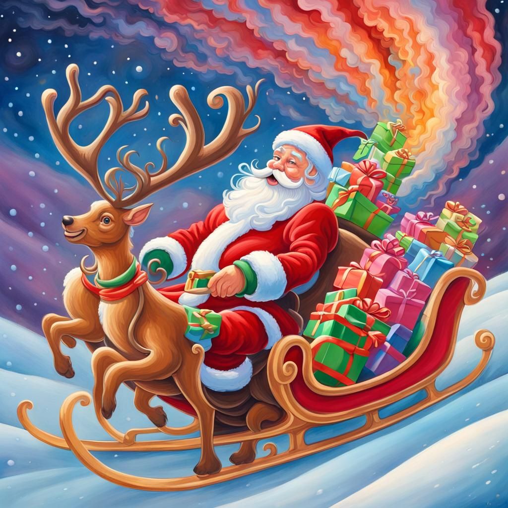 Santa Claus Sleigh Ride in Candyland: Gouache Painting