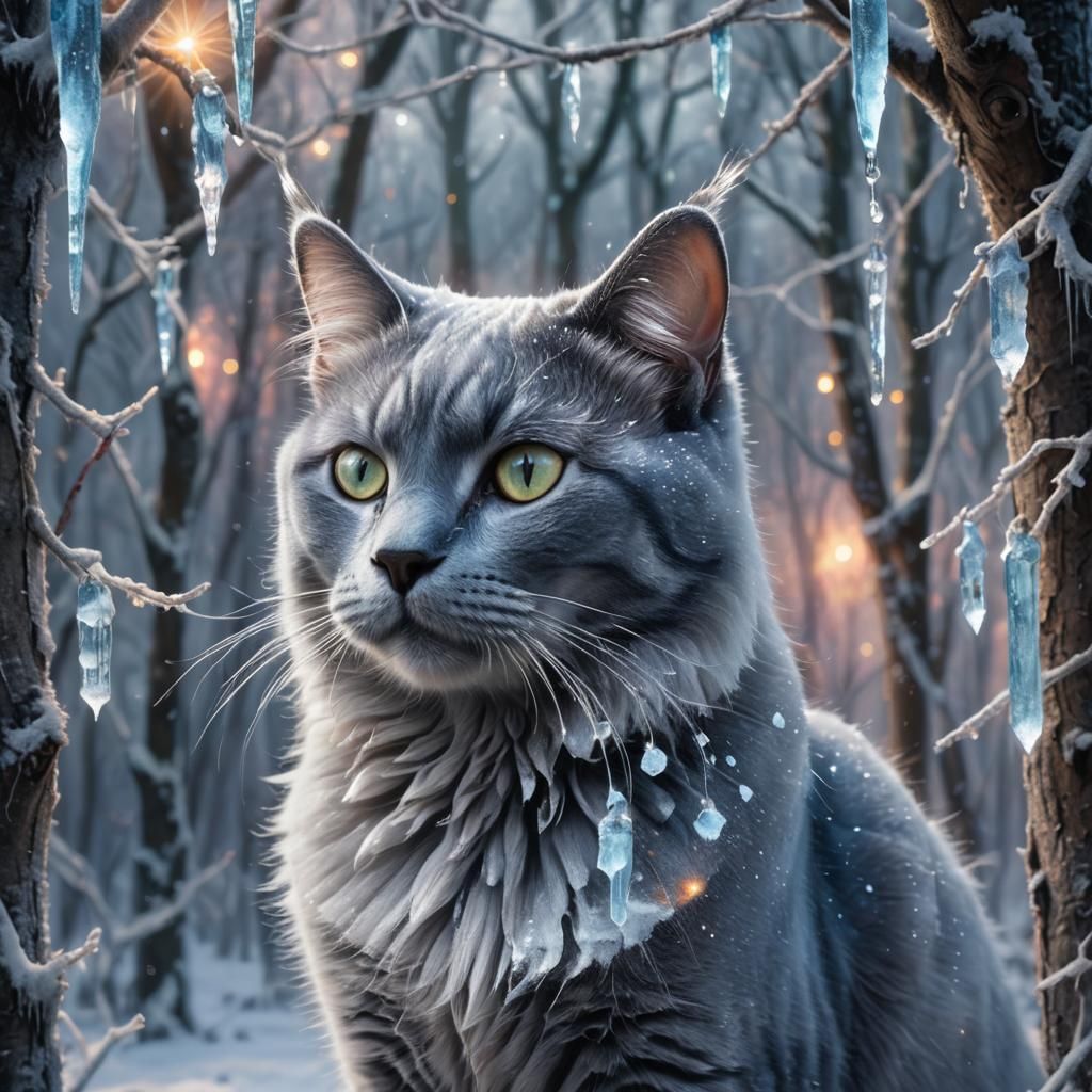 Mystical Winter Cat Portrait in Fantasy Oil Painting