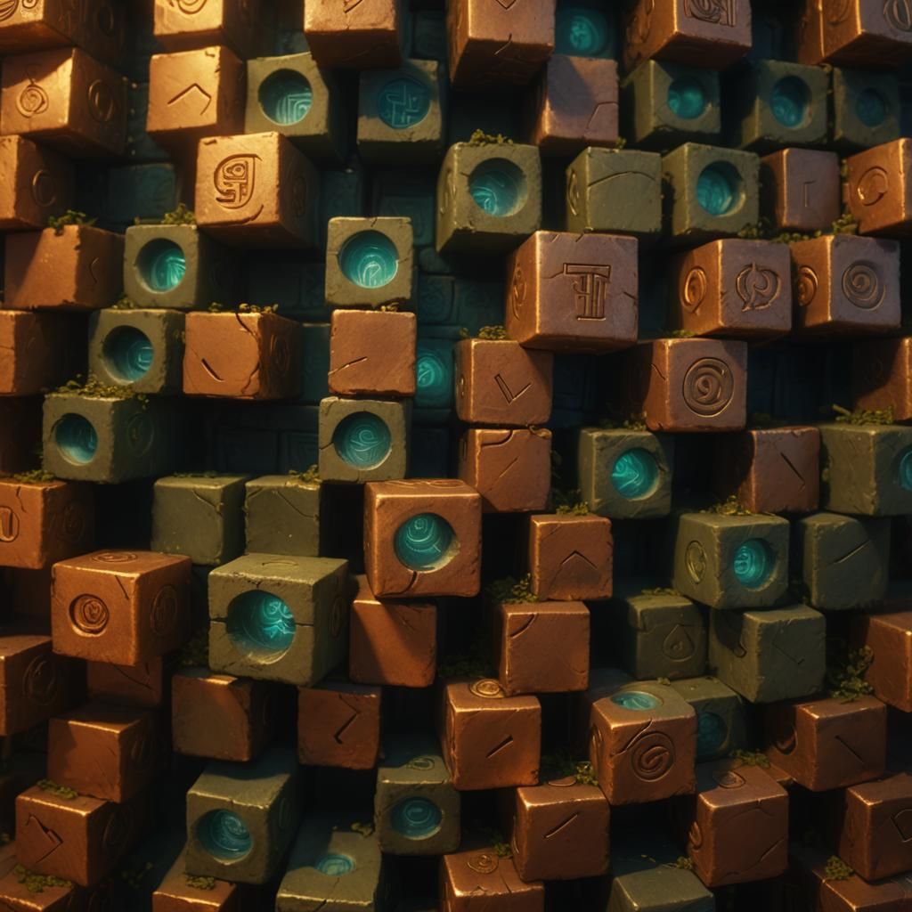 Mystical Copper Bricks with Glowing Runes: Matte Painting