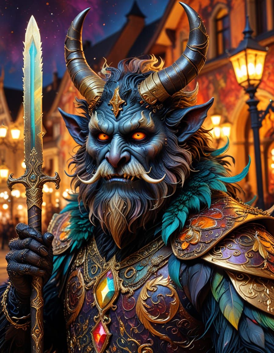 Surreal Krampus in Town Square with Treasure