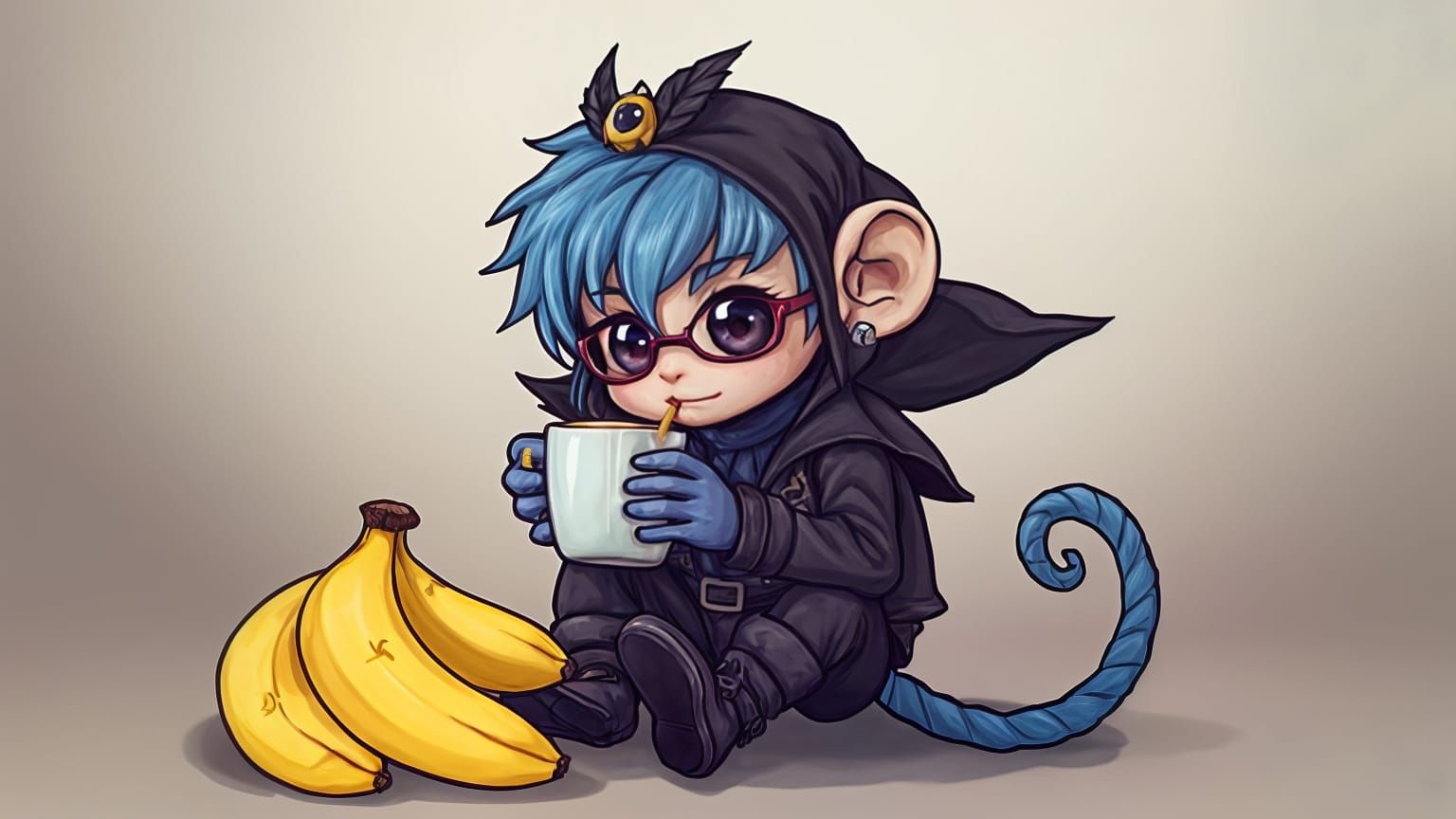 Whimsical Chibi Monkey Sips Tea in Gothic Attire
