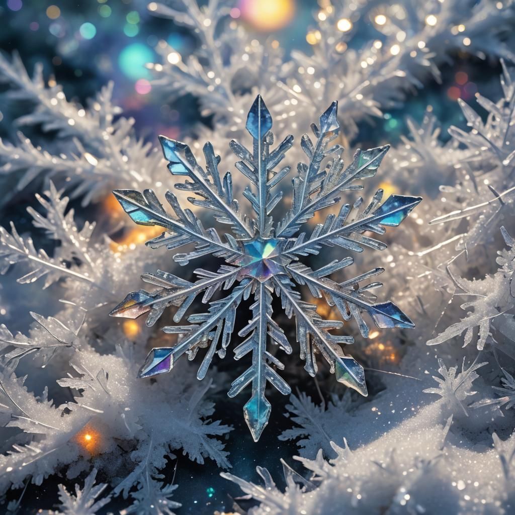 Cosmic Snowflake on Snow in Mixed Media Style