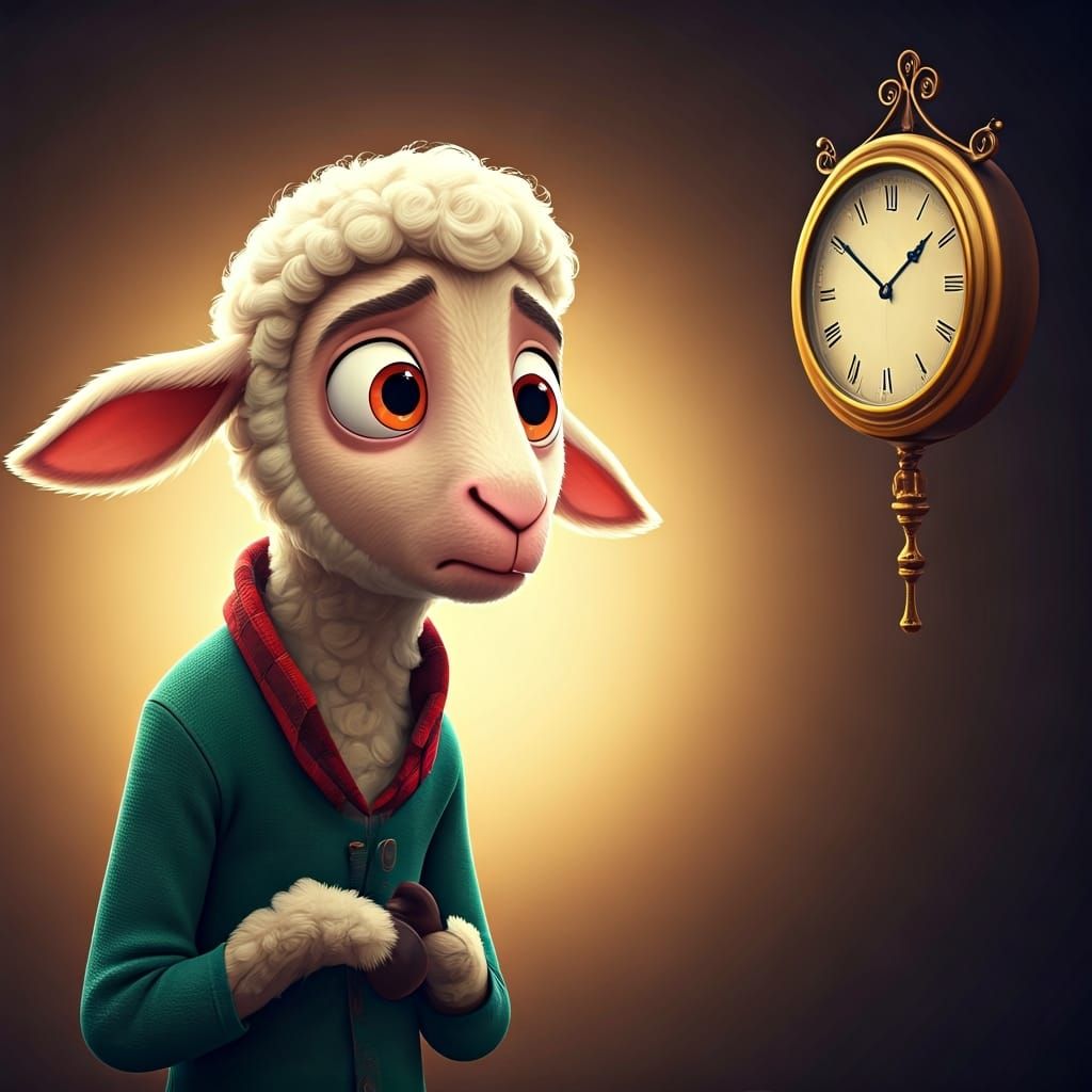Nervous Lamb Worried About Time, in 3D Digital Art