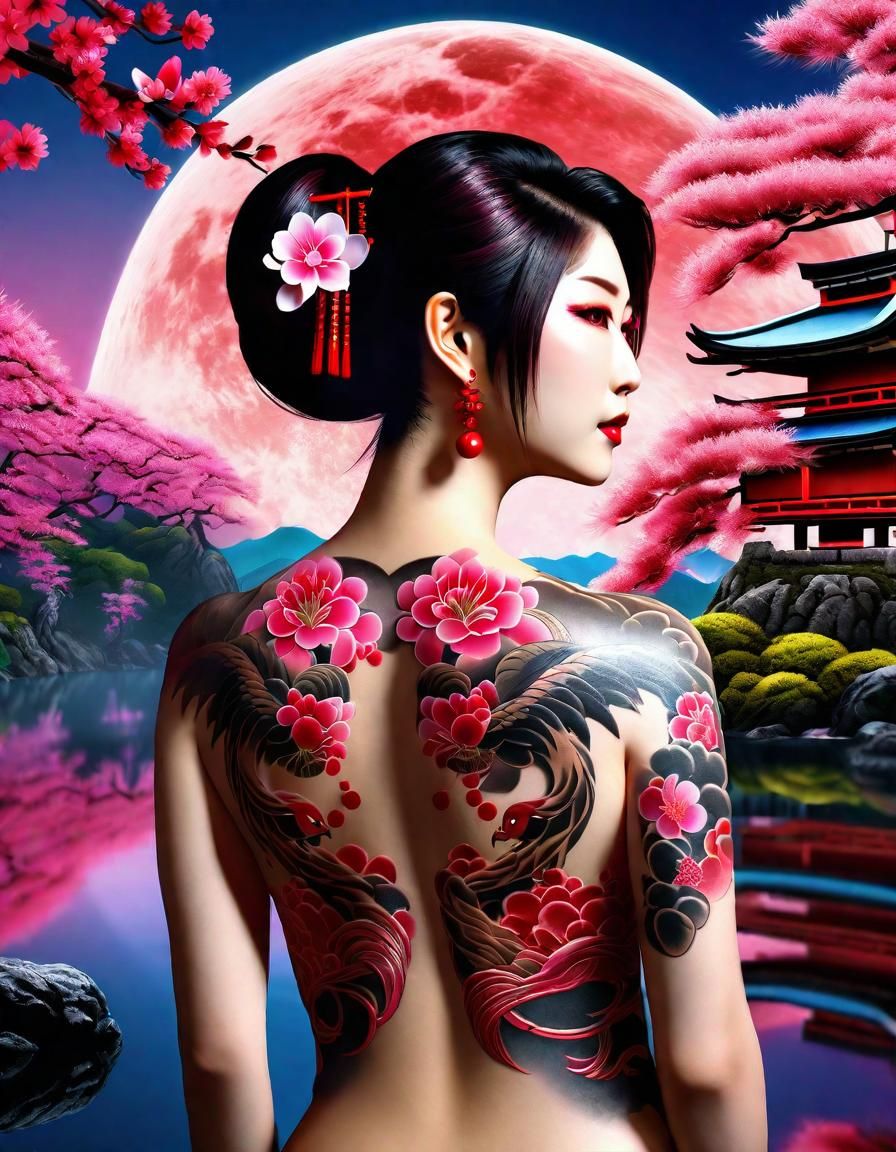 Geisha Dragon Tattoo Under Cherry Tree: Hyperdetailed Art