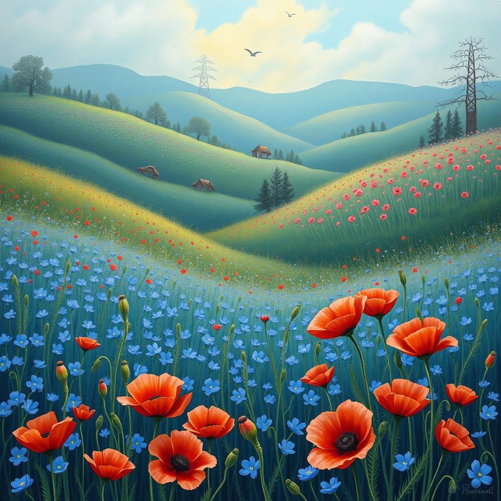 Whimsical Blue Poppies Landscape
