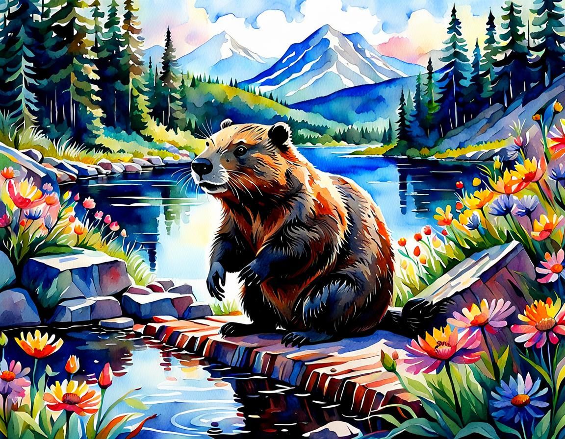 Stylized Watercolor Beaver Building Dam on Lake