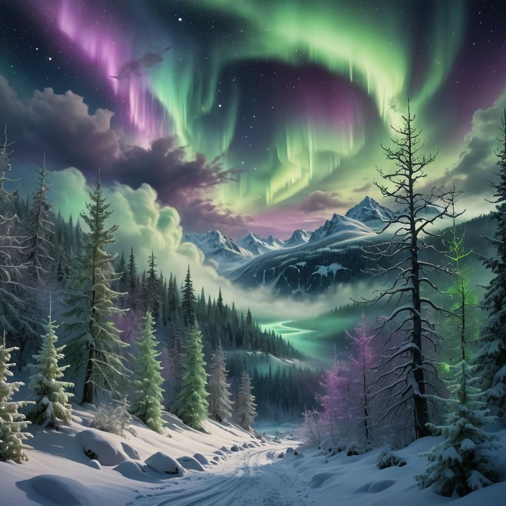 Aurora Borealis Over Misty Forest: Digital Matte Painting