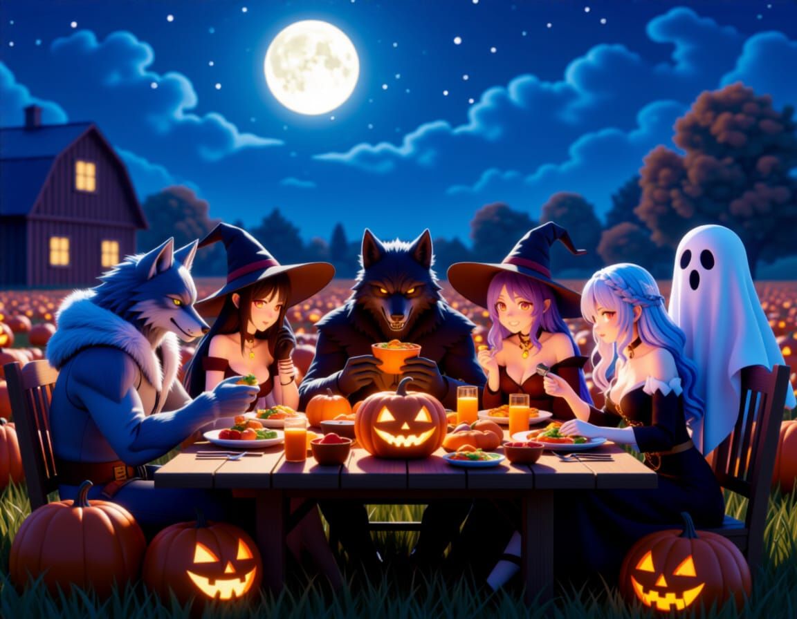Spooky Harvest Festival with Monsters Under Full Moon