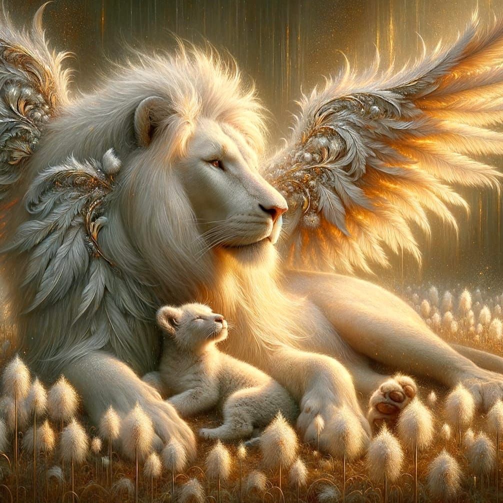 Majestic Winged Lion Nuzzles Cub in Painterly Style