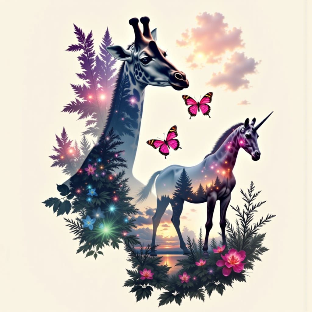 Double Exposure Art: Giraffe, Butterfly, Unicorn Blended