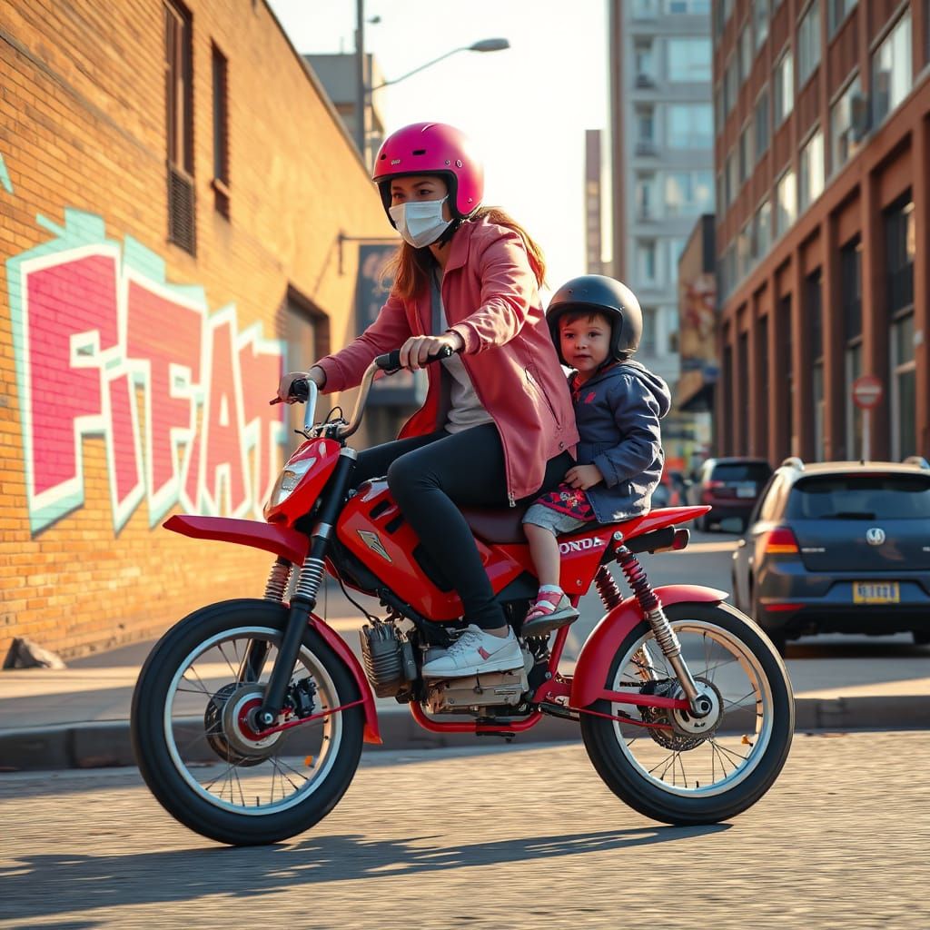 Mother and Daughter Ride Monkeybike Through Vibrant City