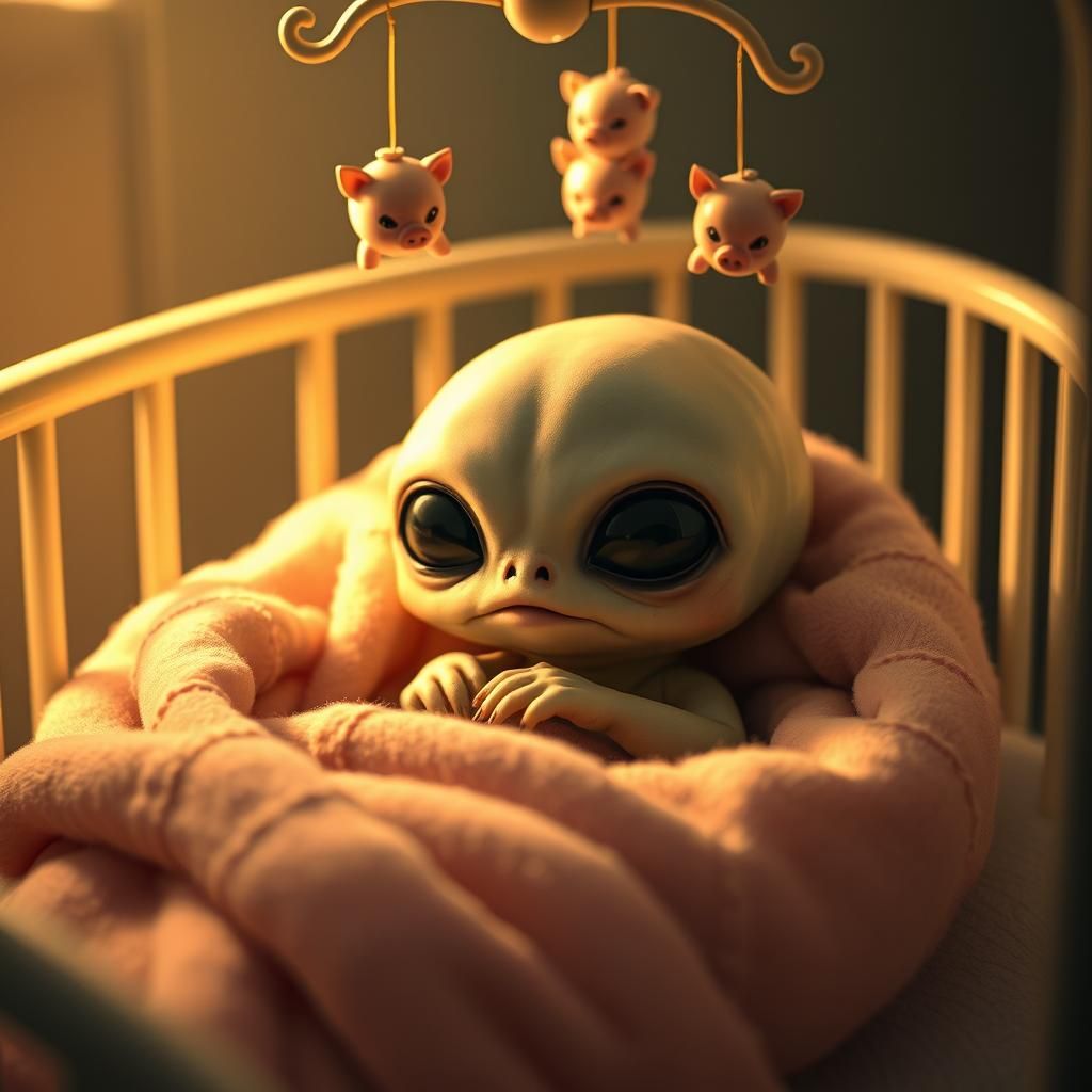 Endearing Alien Baby in Crib, Eerie Whimsical Style