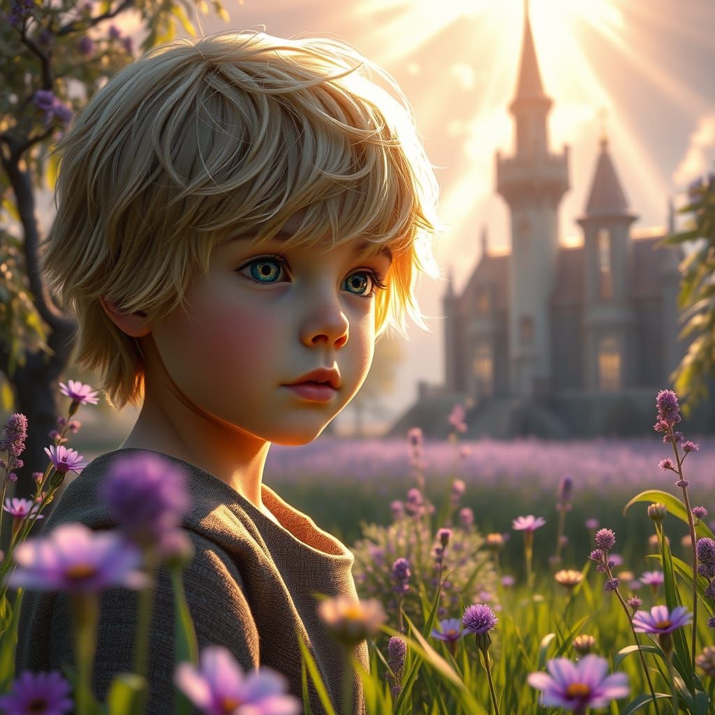 Child in Whimsical Meadow With Gothic Mansion