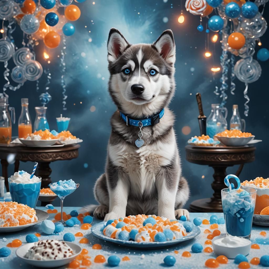 Blue Puppy Feast: Hyper-Realistic Matte Painting