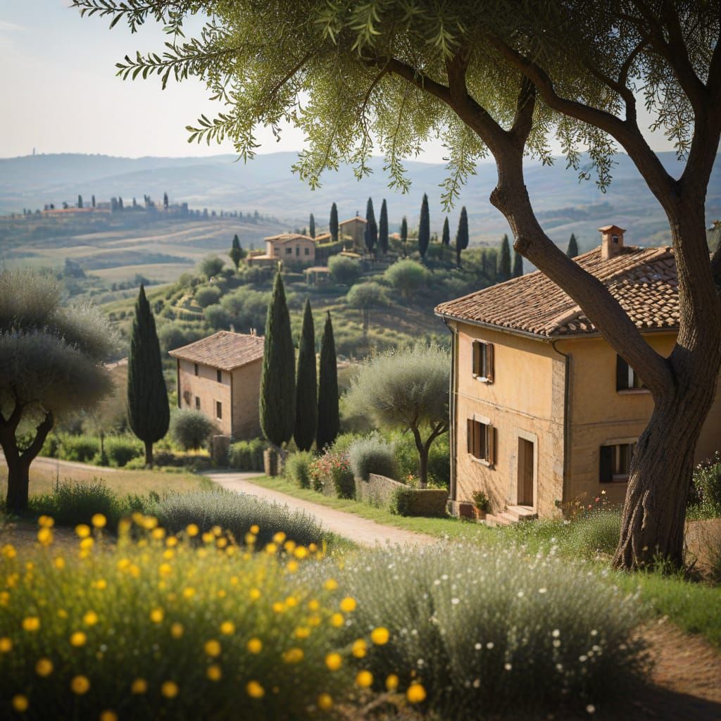 Picturesque Toscana Scene with Olive Trees and Flowers