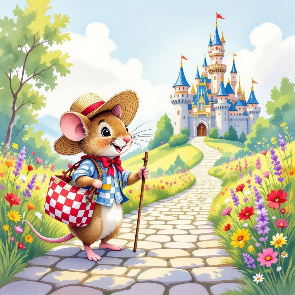Country Mouse Seeks Fortune Near Castle in Watercolour