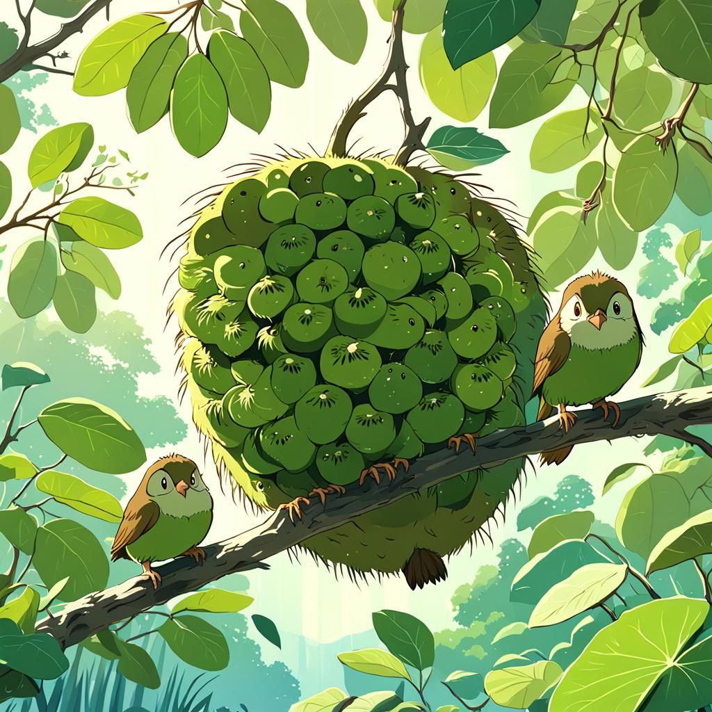 Kiwifruit Kiwi Birds in Anime Style