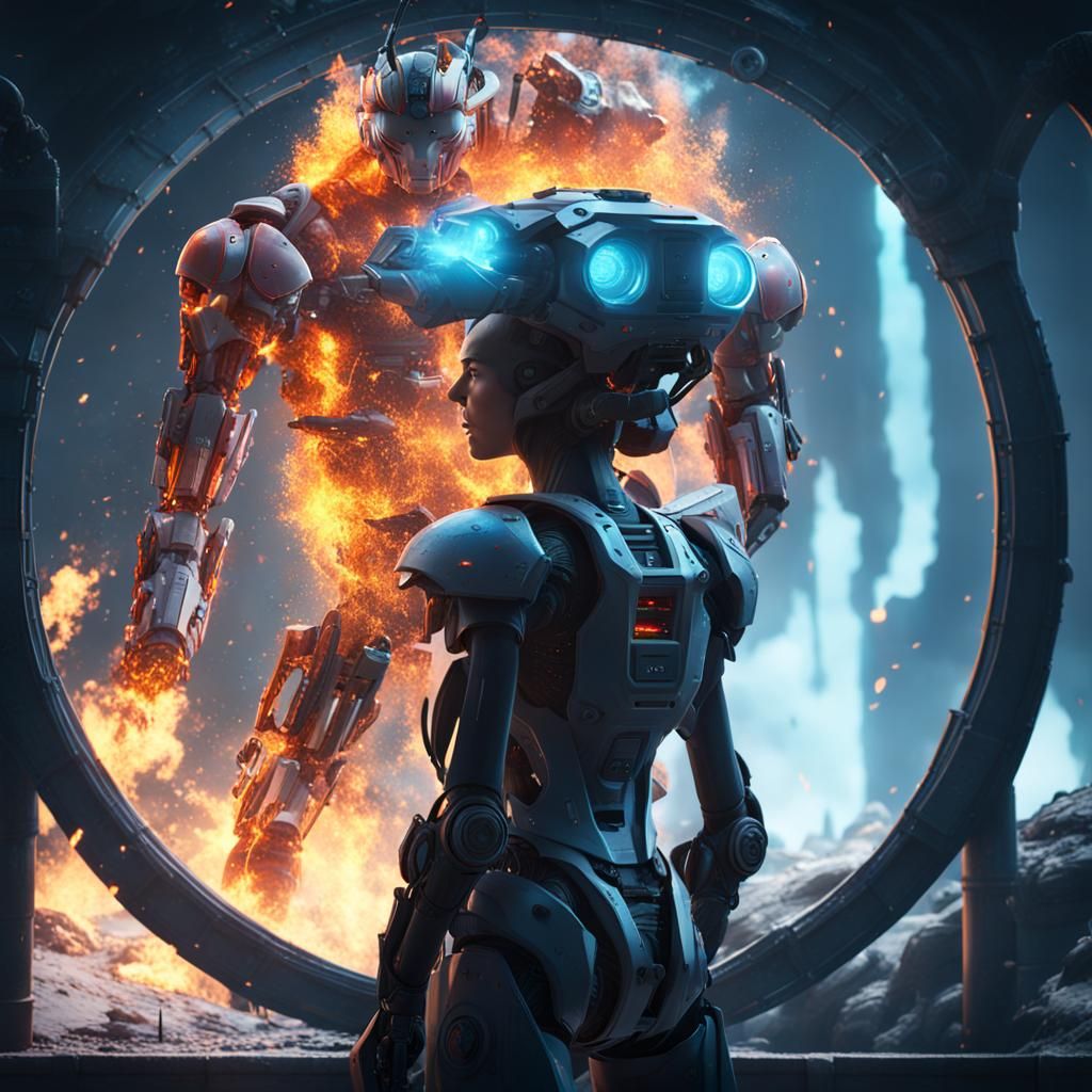 Humanoid Robot with Flamethrower in Detailed Matte Painting