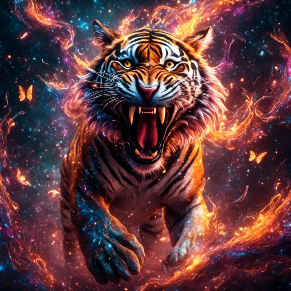 Fiery Tiger Rearing Up in a Burst of Sparkle