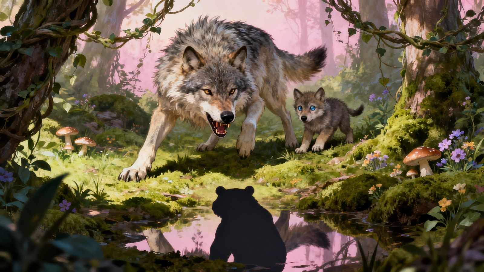 Fluffy Wolf Defends Cub in Mossy Fairytale Forest