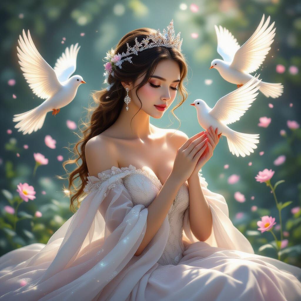 Serene Queen with Glowing Birds and Flowers in Ethereal Port...