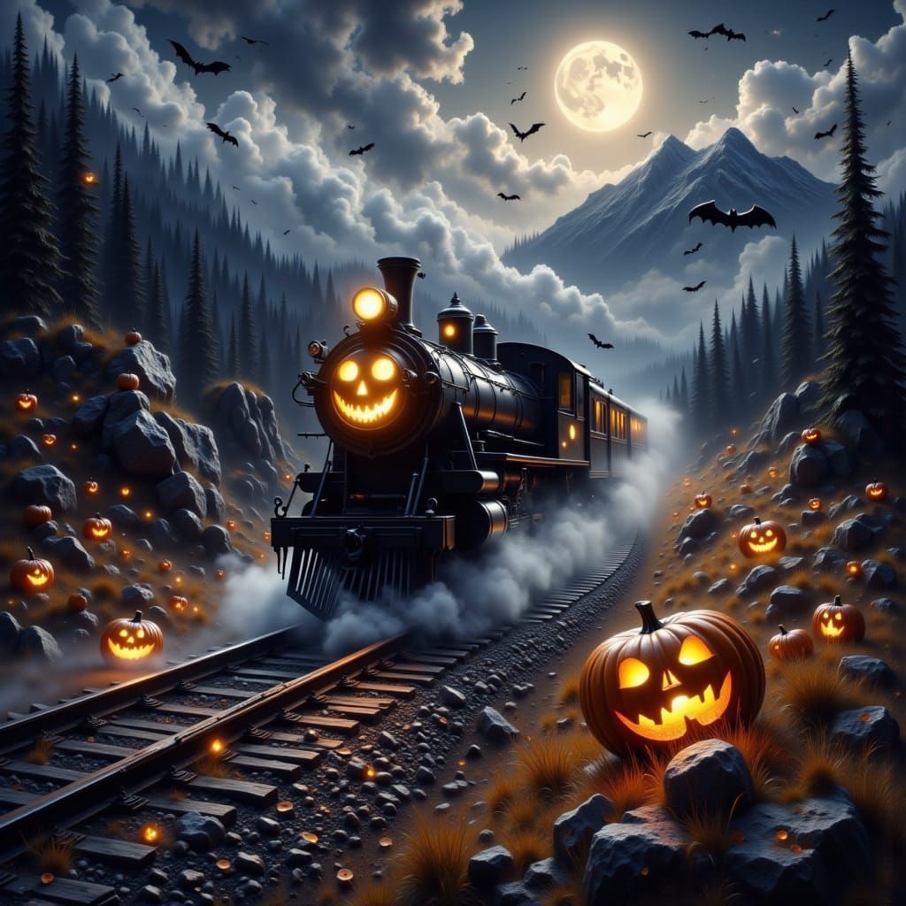 Halloween Express Train in Mountain Pass with Ghosts