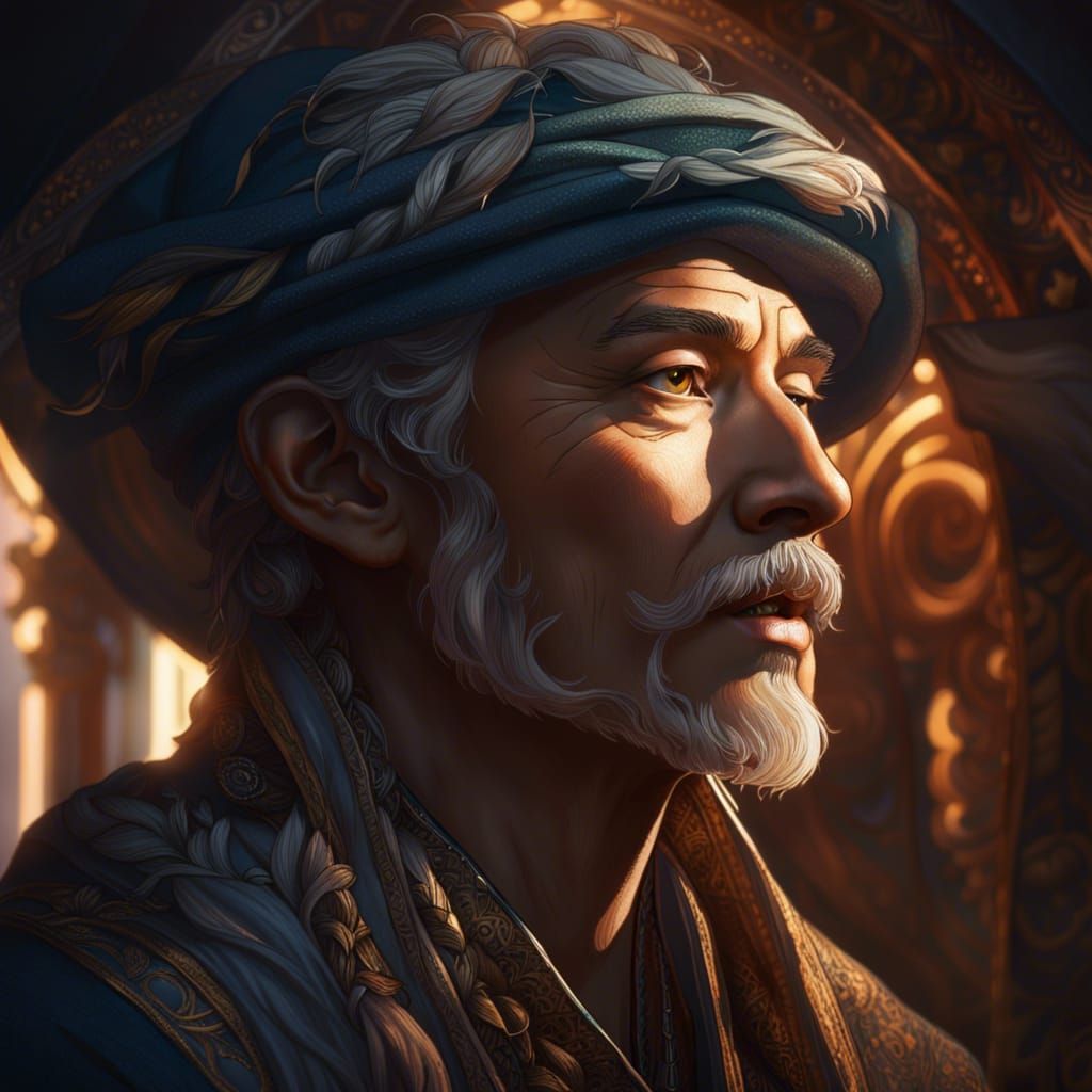 Detailed Portrait of a Wise Man in Art Nouveau Style