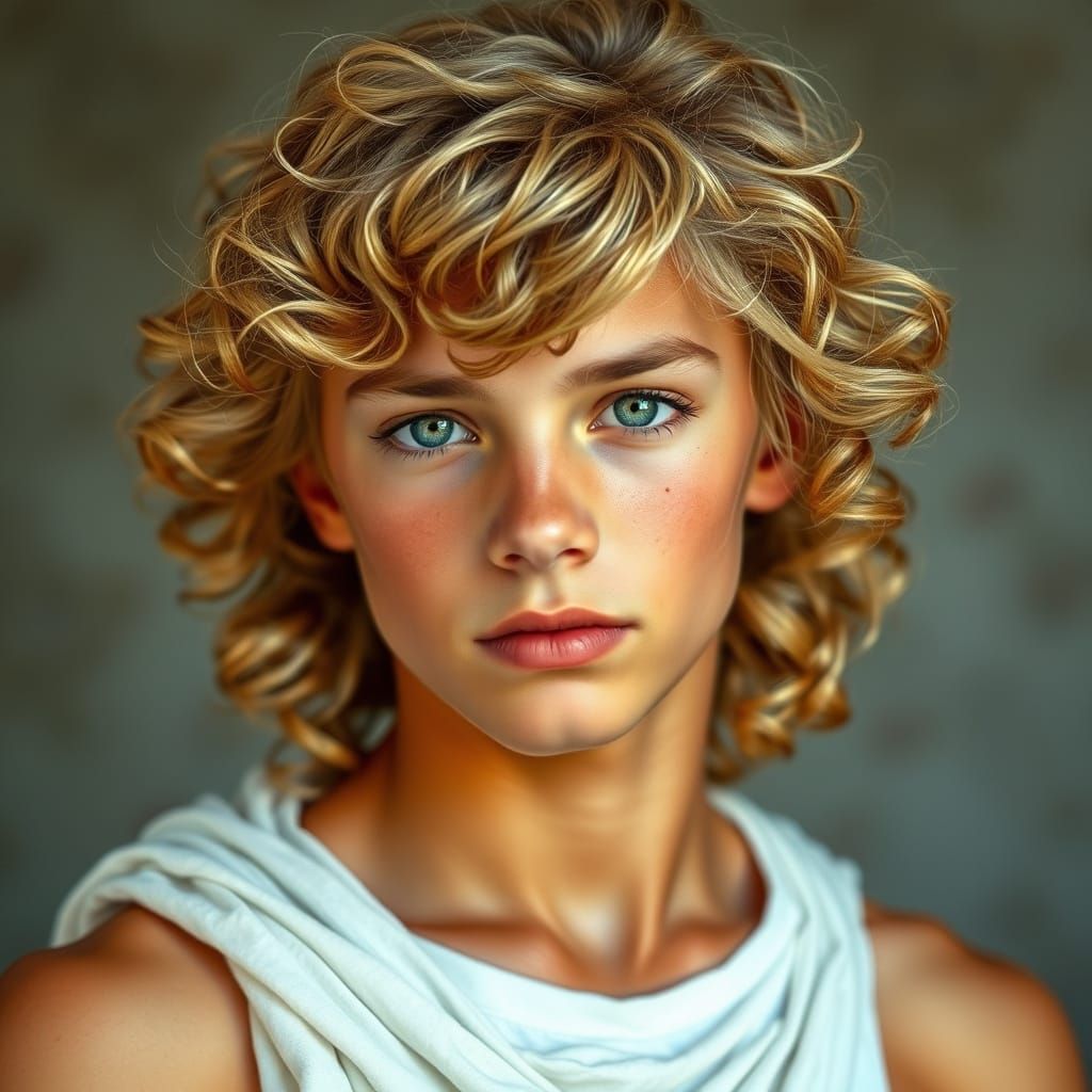 Classical Greek Youth with Golden Hair and Radiant Eyes