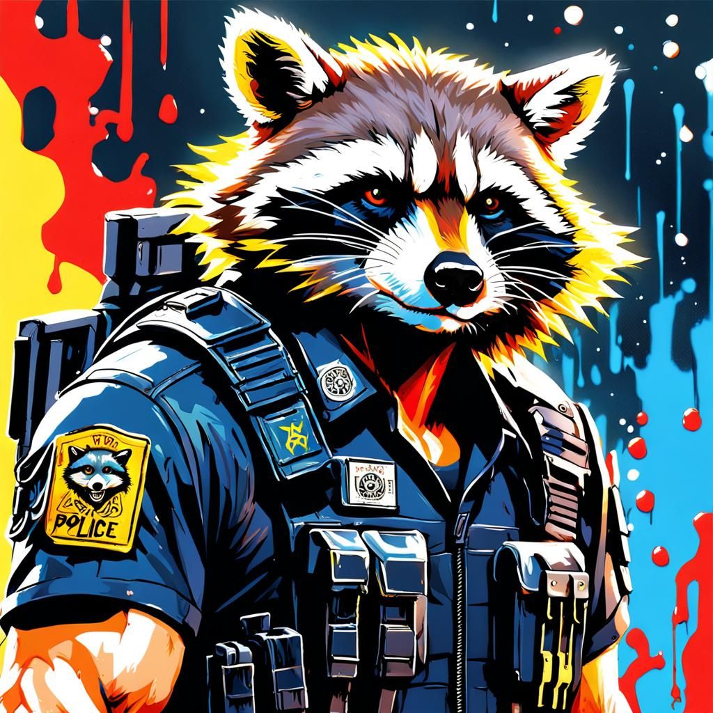 Racoon Police Officer Battles Zombies in Graffiti Art