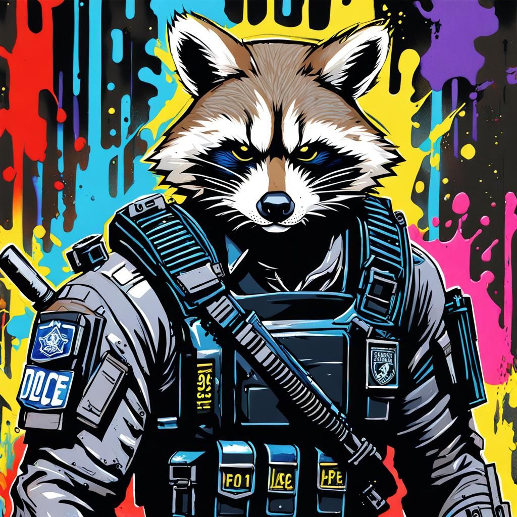 Racoon Police Officer Battles Zombies in Street Art Style
